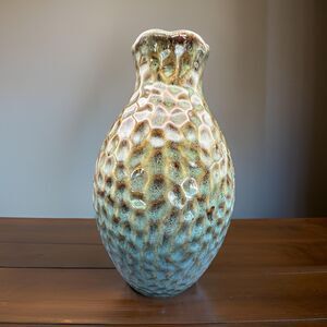 8 inch heavily textured blue green glazed ceramic vase
